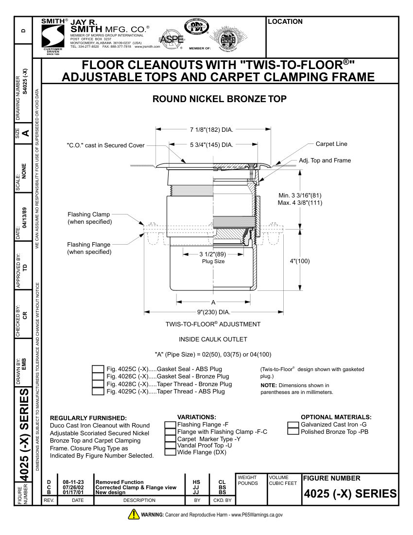 Jay R. Smith 4025-X Cleanout - Jay R. Smith Mfg. Co. cut sheet — first page