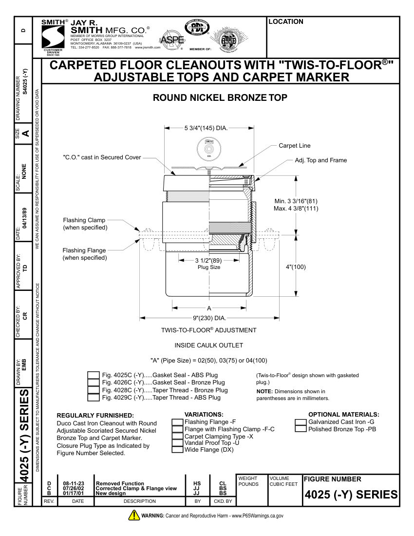 Jay R. Smith 4025-Y Cleanout - Jay R. Smith Mfg. Co. cut sheet — first page