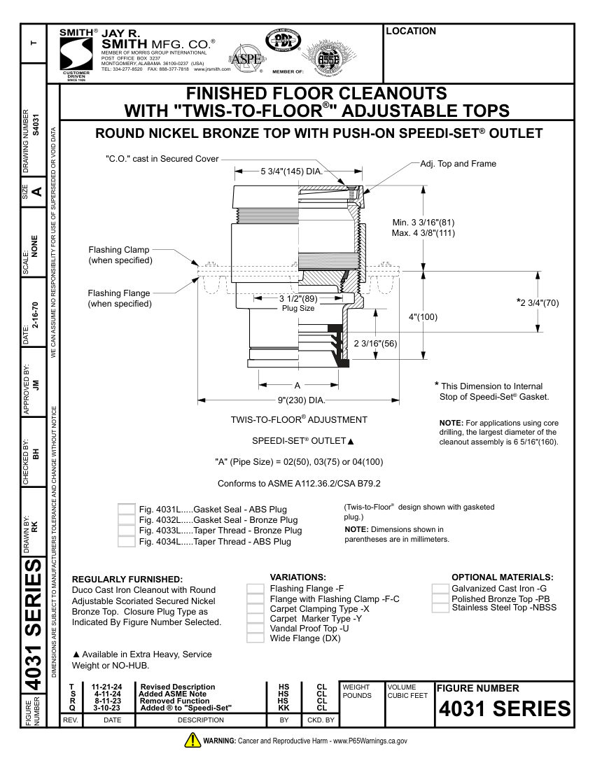 Jay R. Smith 4031 Cleanout - Jay R. Smith Mfg. Co. cut sheet — first page
