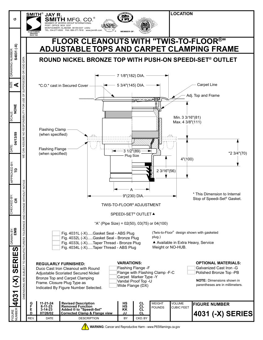 Jay R. Smith 4031-X, 4033-X Cleanout - Jay R. Smith Mfg. Co. cut sheet — first page