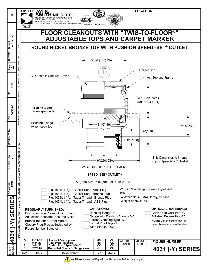 Jay R. Smith 4031-Y, 4033-Y Cleanout - Jay R. Smith Mfg. Co. cut sheet — first page