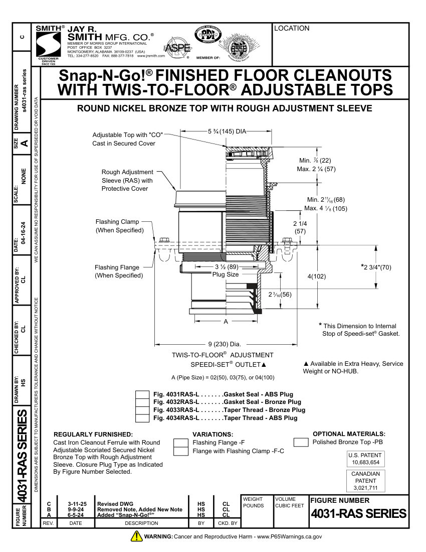 Jay R. Smith 4031RAS-L thru 4034RAS-L Cleanout - Jay R. S cut sheet — first page