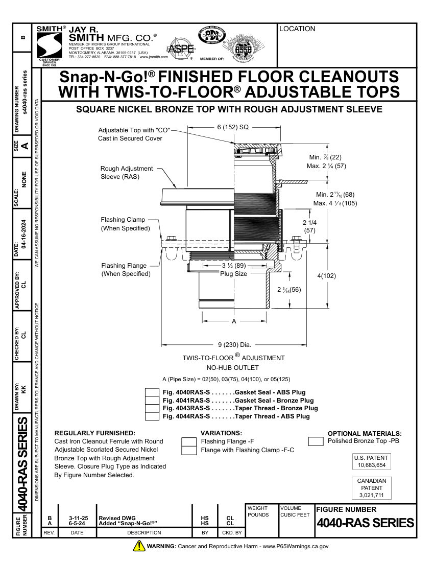 Jay R. Smith 4040RAS-S thru 4044RAS-S Cleanout - Jay R. S cut sheet — first page