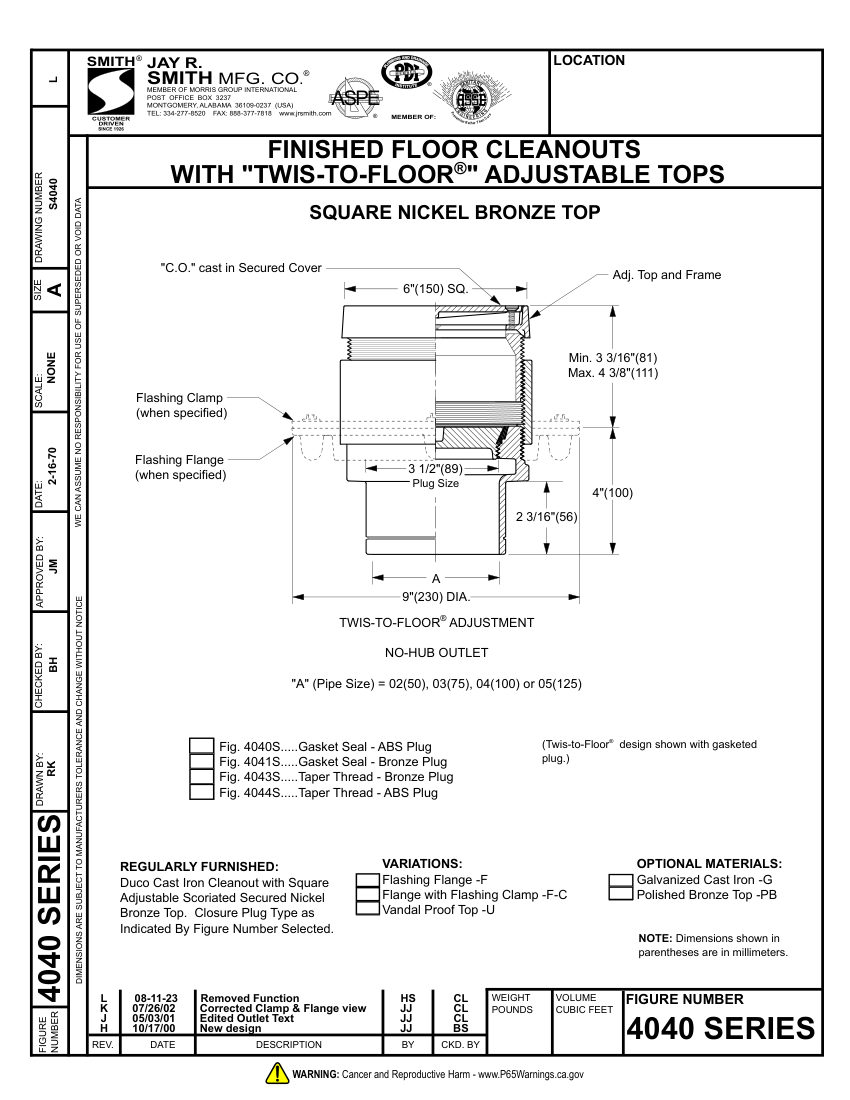 Jay R. Smith 4040S thru 4044S Cleanout cut sheet — first page