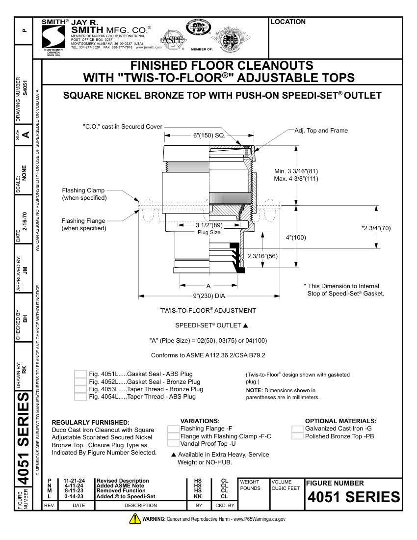 Jay R. Smith 4051L thru 4054L Cleanout cut sheet — first page