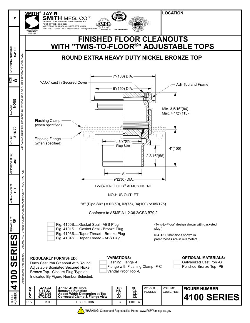 Jay R. Smith 4100 Cleanout - Jay R. Smith Mfg. Co. cut sheet — first page