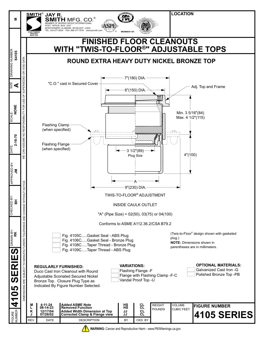 Jay R. Smith 4105 Cleanout - Jay R. Smith Mfg. Co. cut sheet — first page