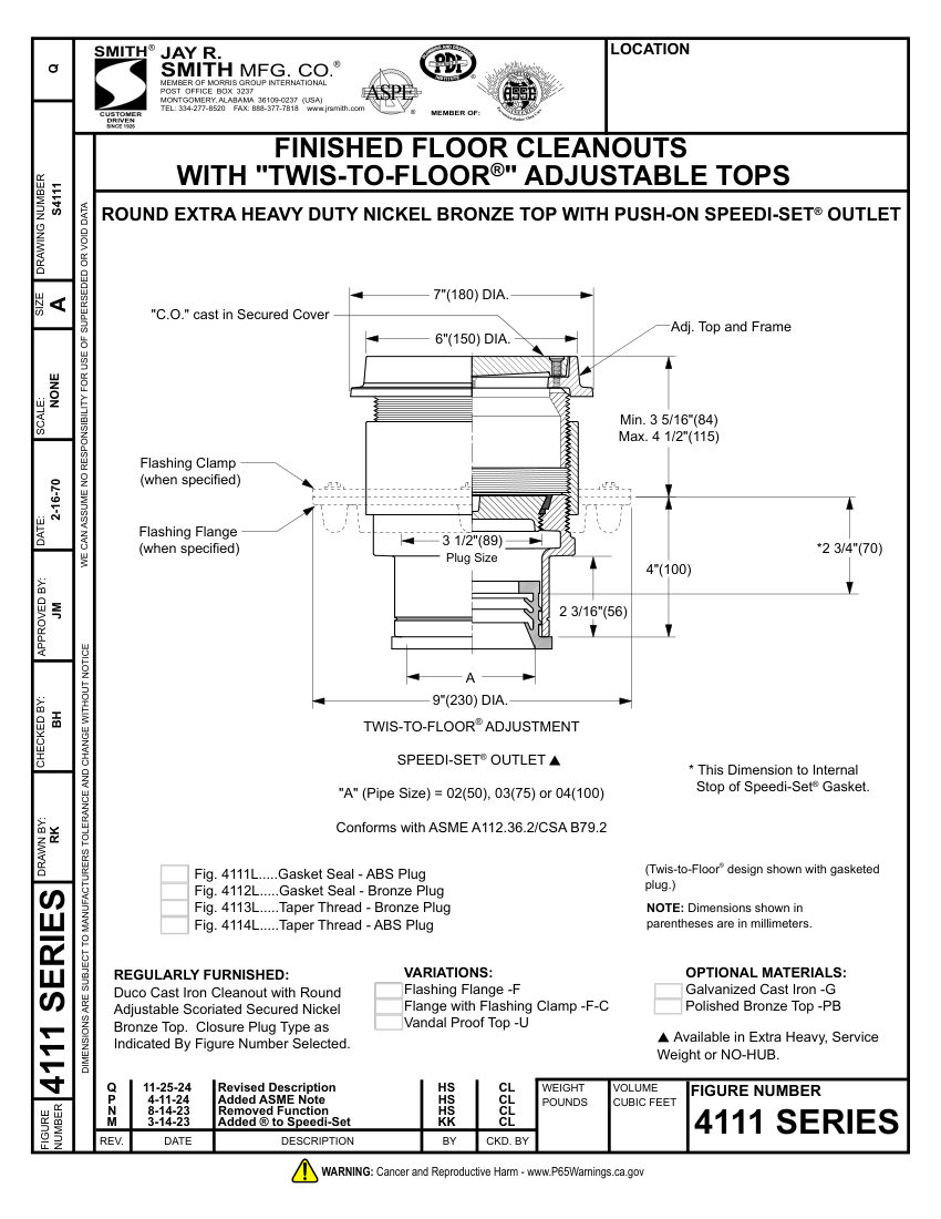 Jay R. Smith 4111 Cleanout - Jay R. Smith Mfg. Co. cut sheet — first page