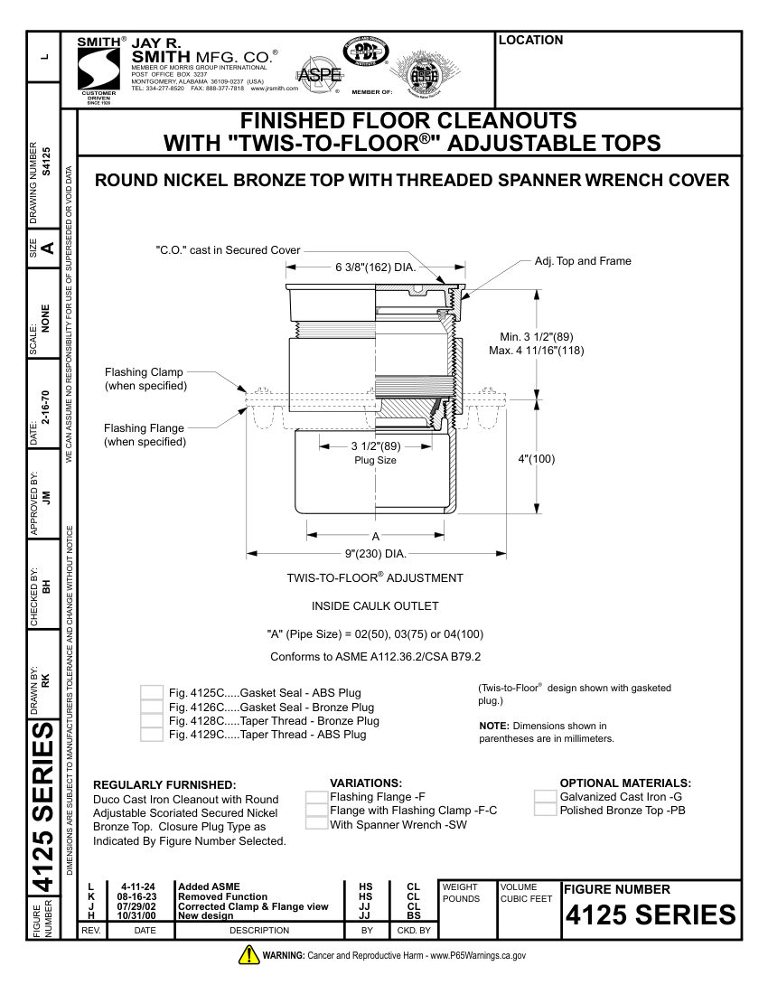 Jay R. Smith 4125 Cleanout - Jay R. Smith Mfg. Co. cut sheet — first page