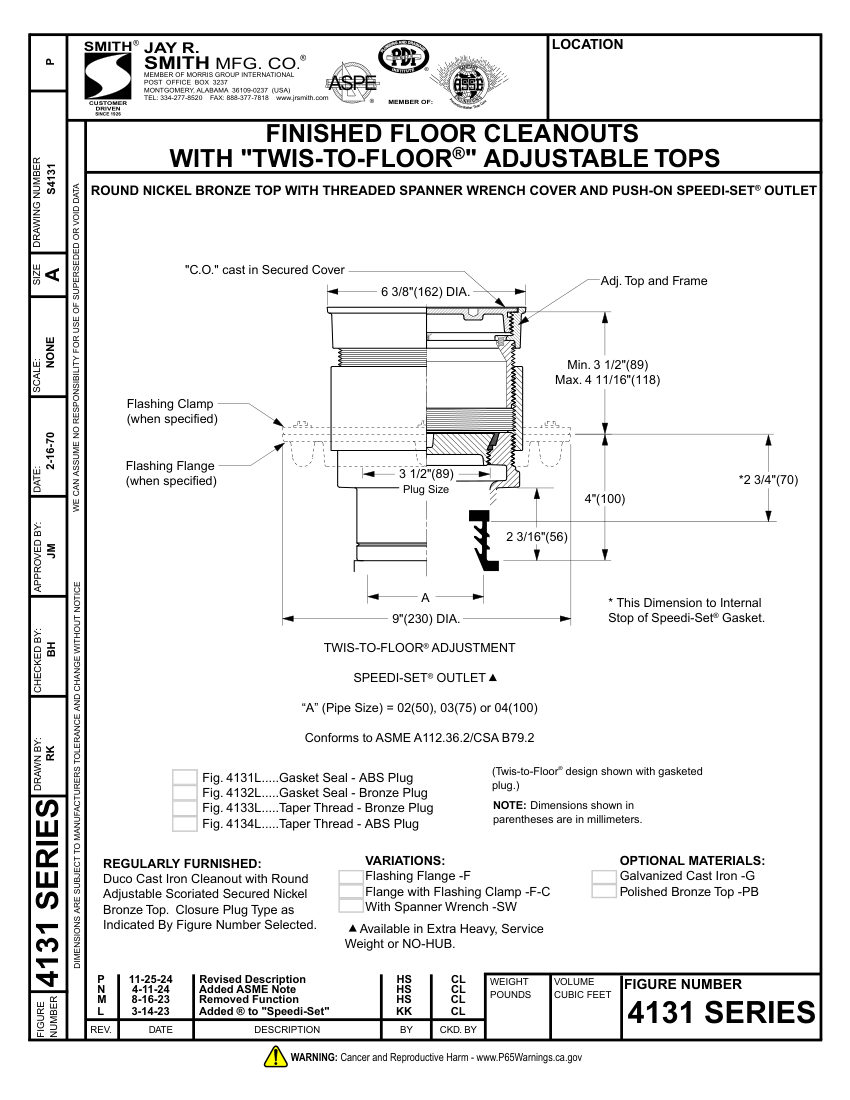 Jay R. Smith 4131 Cleanout - Jay R. Smith Mfg. Co. cut sheet — first page