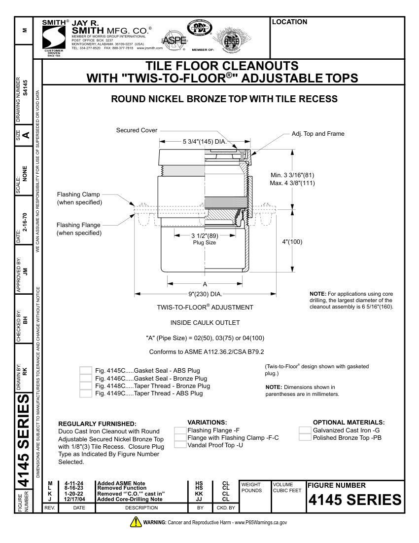Jay R. Smith 4145 Cleanout - Jay R. Smith Mfg. Co. cut sheet — first page