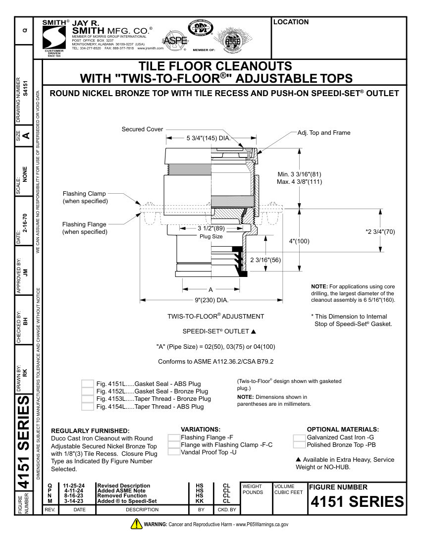 Jay R. Smith 4151 Cleanout - Jay R. Smith Mfg. Co. cut sheet — first page
