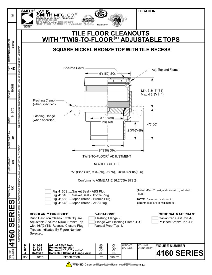 Jay R. Smith 4160 Cleanout - Jay R. Smith Mfg. Co. cut sheet — first page