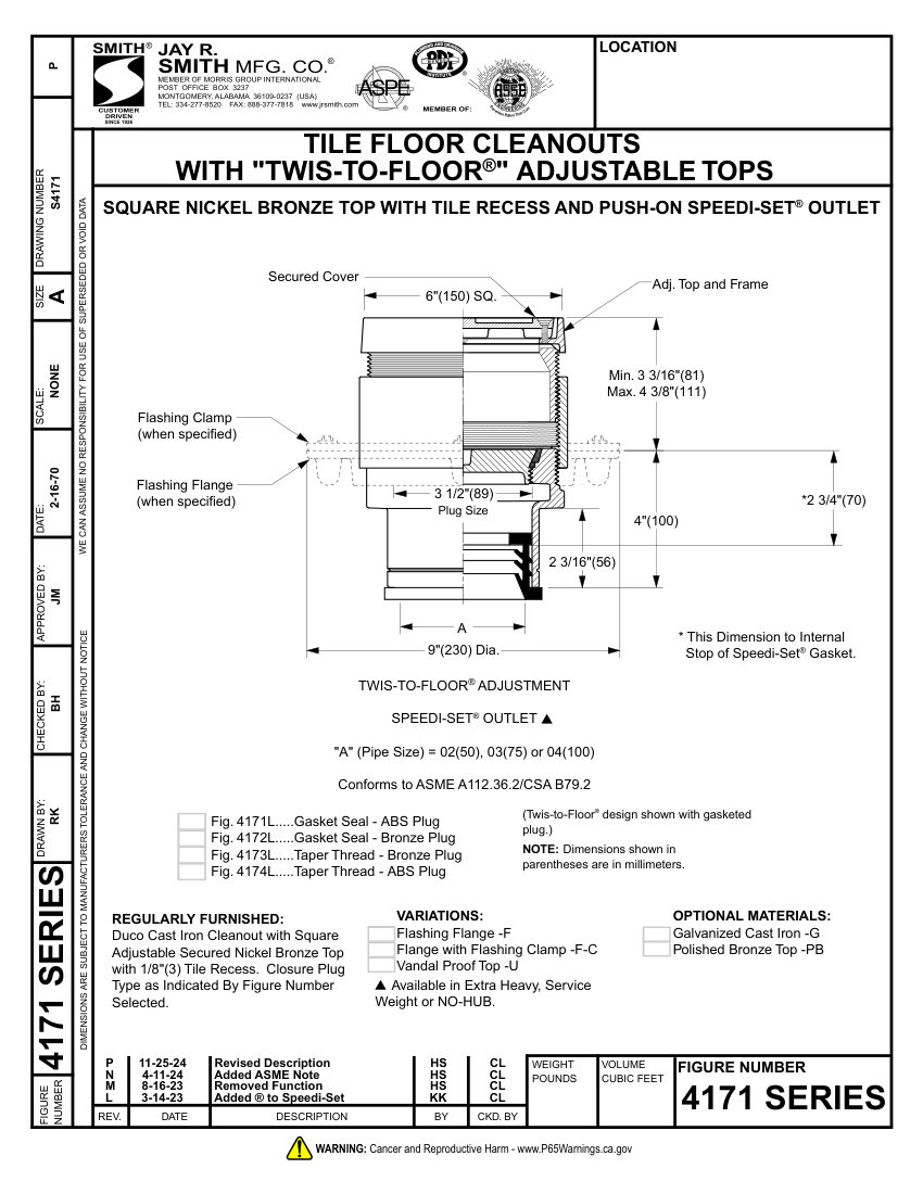 Jay R. Smith 4171 Cleanout - Jay R. Smith Mfg. Co. cut sheet — first page