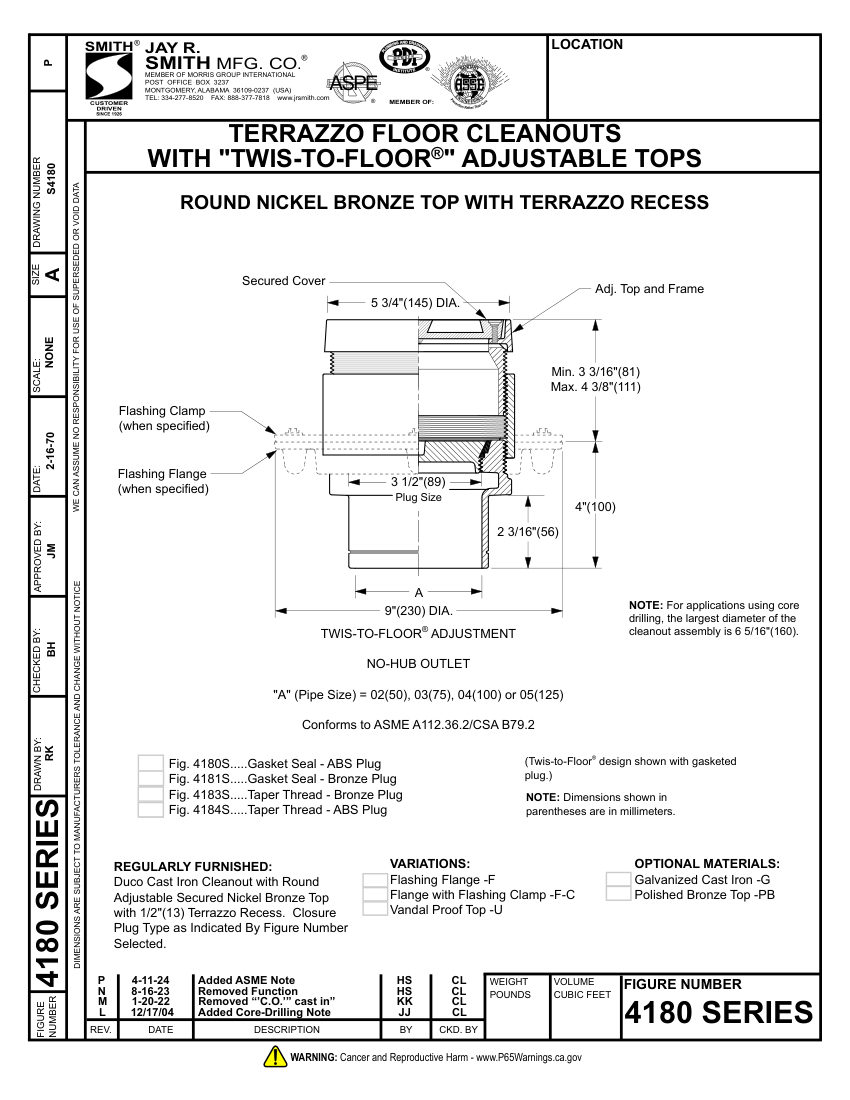 Jay R. Smith 4180 Cleanout - Jay R. Smith Mfg. Co. cut sheet — first page