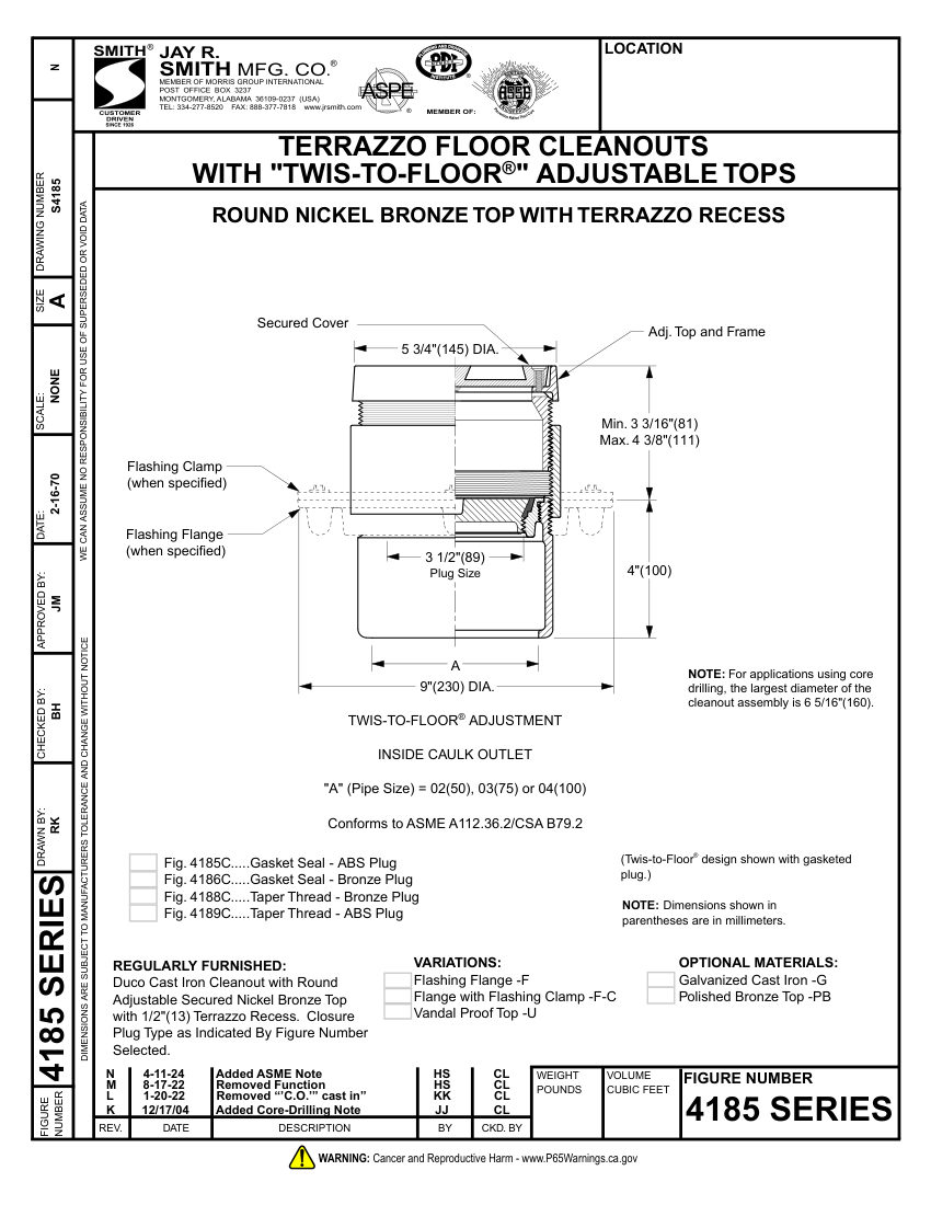 Jay R. Smith 4185 Cleanout - Jay R. Smith Mfg. Co. cut sheet — first page