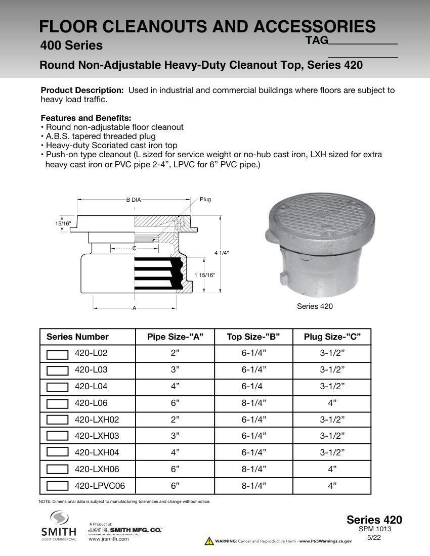 Jay R. Smith 420 Cleanout - Jay R. Smith Mfg. Co. cut sheet — first page