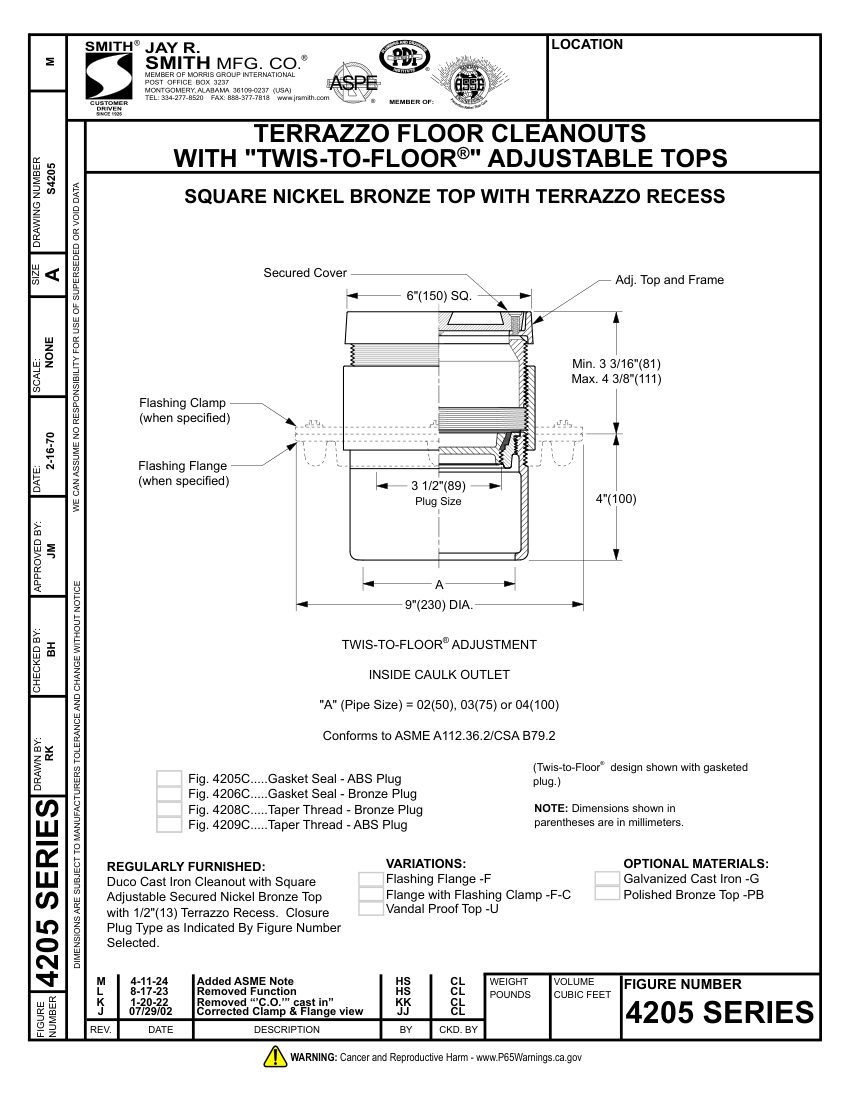 Jay R. Smith 4205 Cleanout - Jay R. Smith Mfg. Co. cut sheet — first page