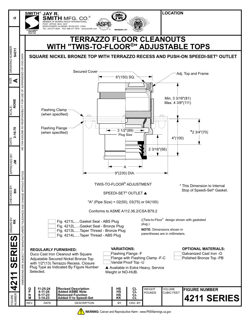 Jay R. Smith 4211 Cleanout - Jay R. Smith Mfg. Co. cut sheet — first page