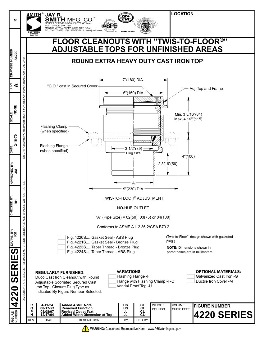 Jay R. Smith 4220 Series Cleanout - Jay R. Smith Mfg. Co. cut sheet — first page