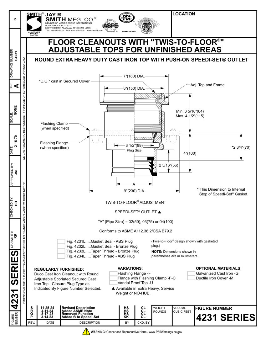 Jay R. Smith 4231 Series Cleanout - Jay R. Smith Mfg. Co. cut sheet — first page