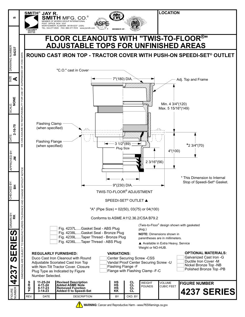 Jay R. Smith 4237 Cleanout - Jay R. Smith Mfg. Co. cut sheet — first page