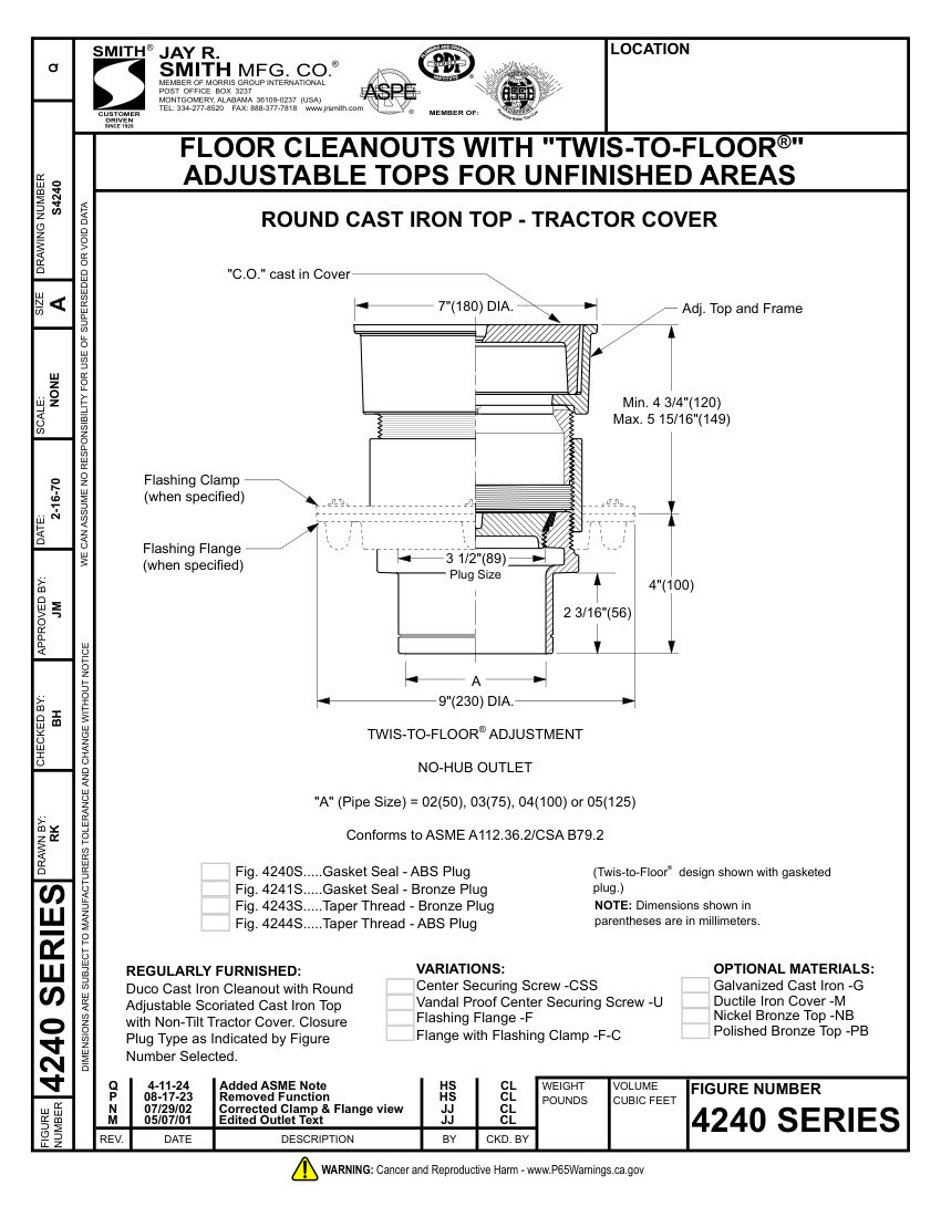 Jay R. Smith 4240 Cleanout - Jay R. Smith Mfg. Co. cut sheet — first page