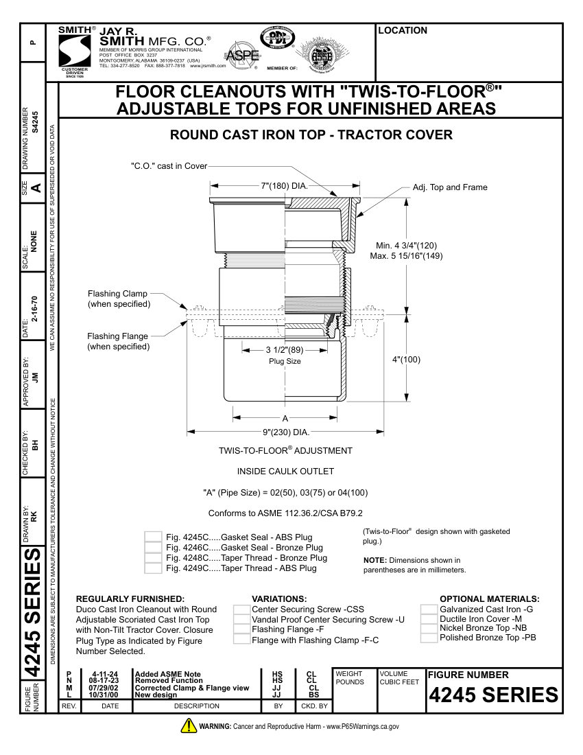 Jay R. Smith 4245 Cleanout - Jay R. Smith Mfg. Co. cut sheet — first page