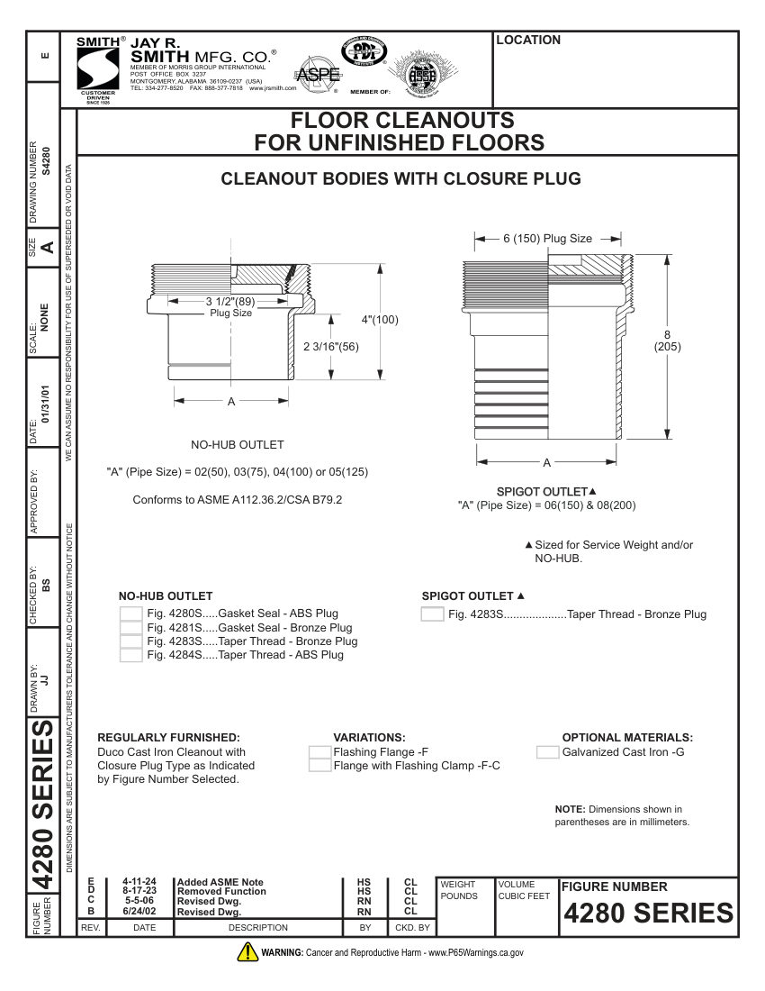 Jay R. Smith 4280 Cleanout - Jay R. Smith Mfg. Co. cut sheet — first page