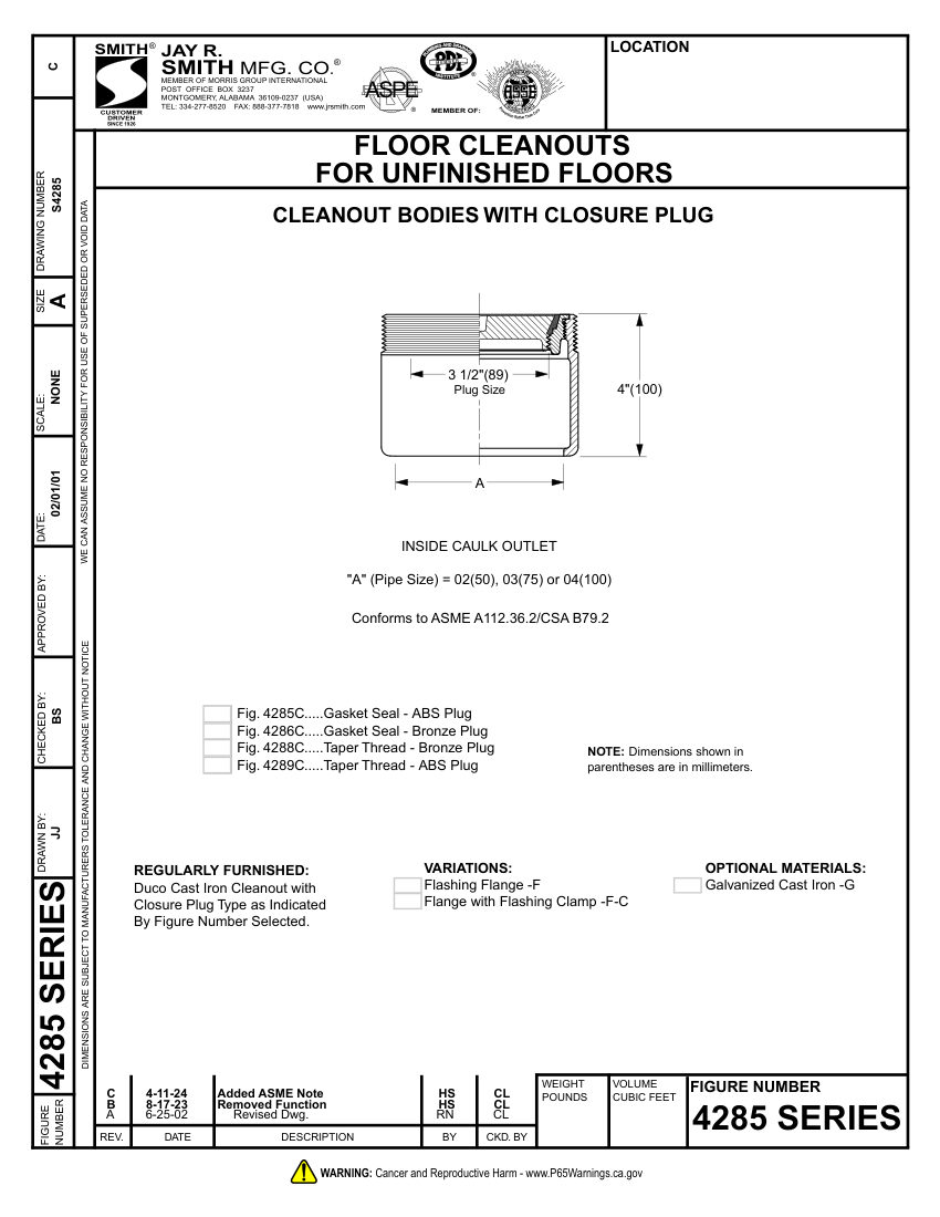 Jay R. Smith 4285 Cleanout - Jay R. Smith Mfg. Co. cut sheet — first page