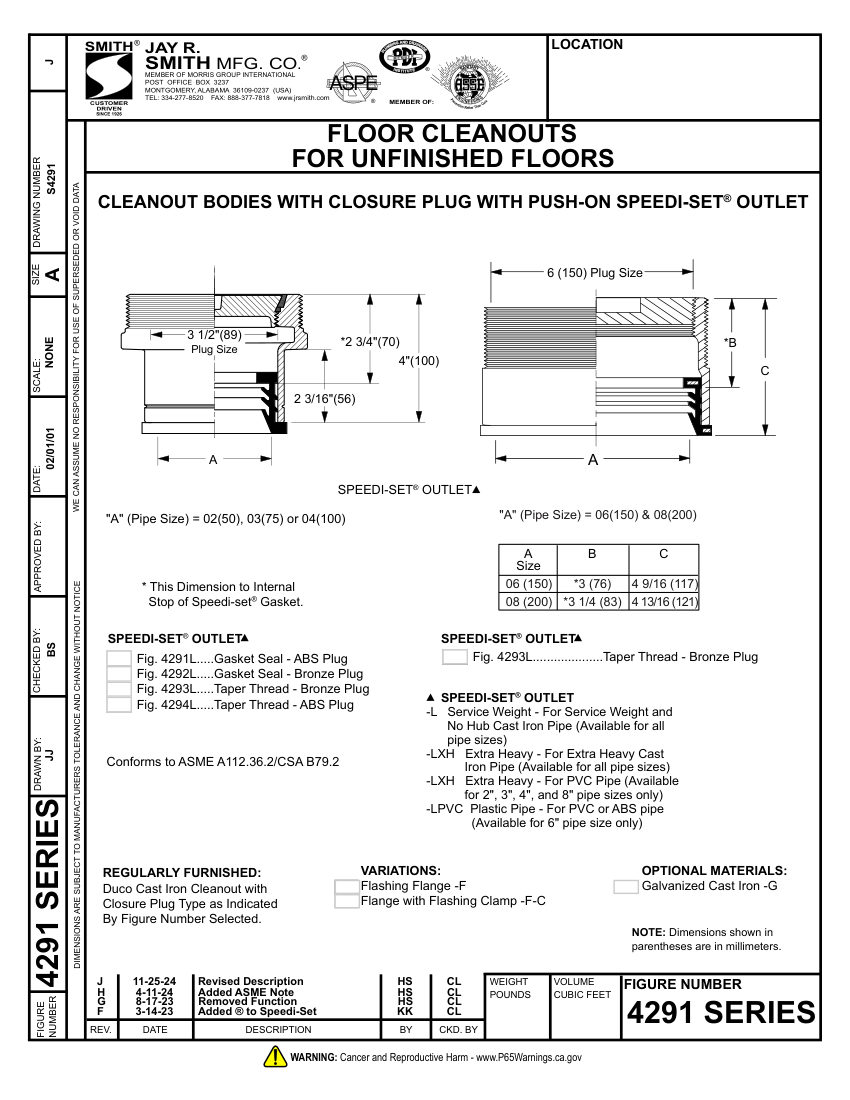 Jay R. Smith 4291 Cleanout - Jay R. Smith Mfg. Co. cut sheet — first page