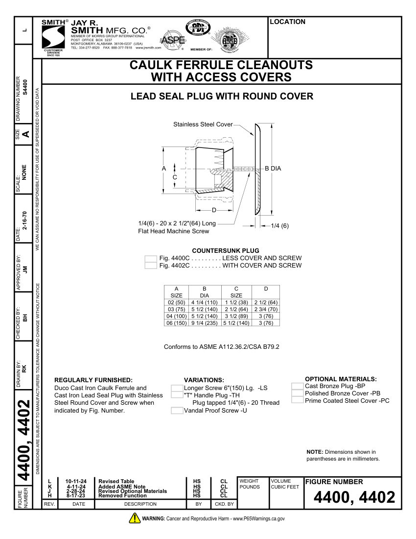 Jay R. Smith 4400, 4402 Cleanout - Jay R. Smith Mfg. Co. cut sheet — first page