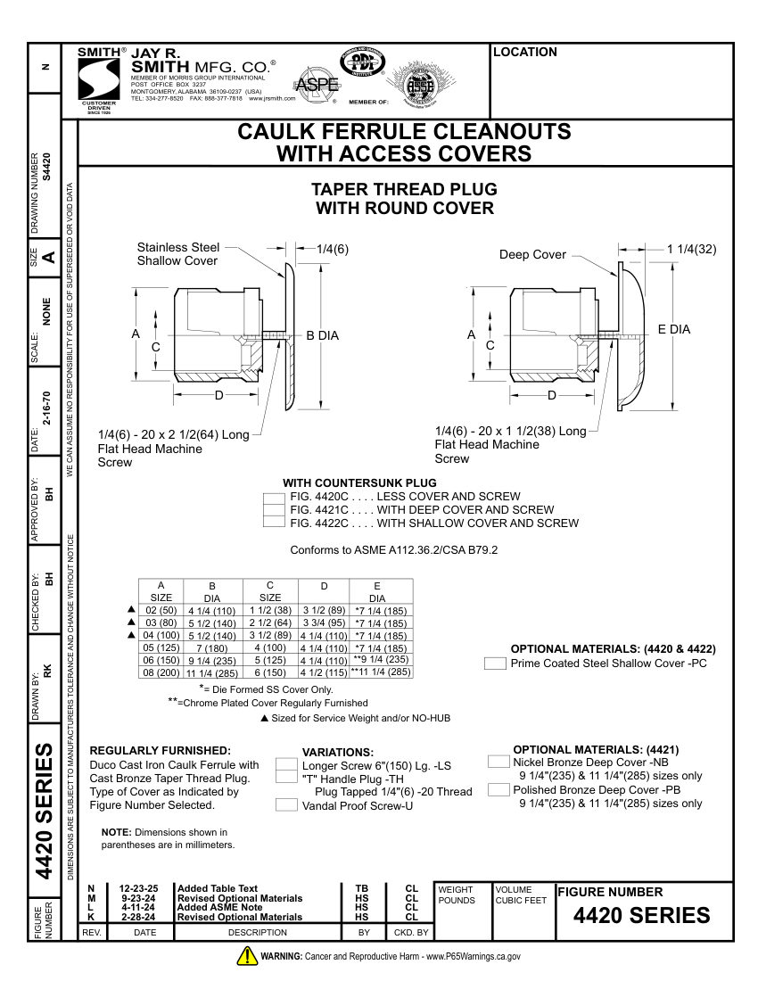 Jay R. Smith 4420 Cleanout - Jay R. Smith Mfg. Co. cut sheet — first page