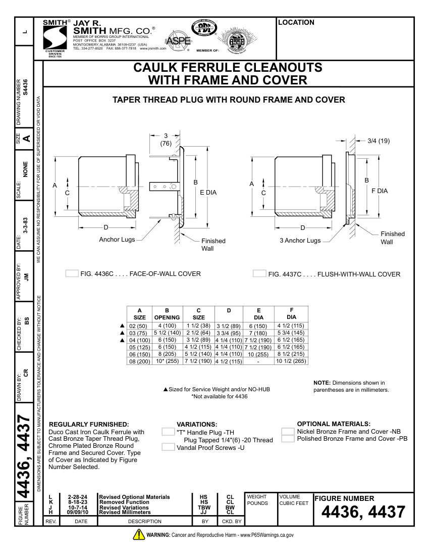 Jay R. Smith 4436, 4437 Cleanout - Jay R. Smith Mfg. Co. cut sheet — first page