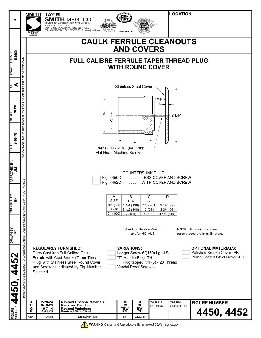 Jay R. Smith 4450, 4452 Cleanout - Jay R. Smith Mfg. Co. cut sheet — first page