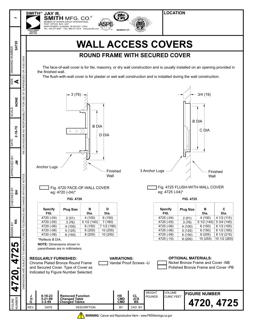 Jay R. Smith 4720 Cleanout - Jay R. Smith Mfg. Co. cut sheet — first page