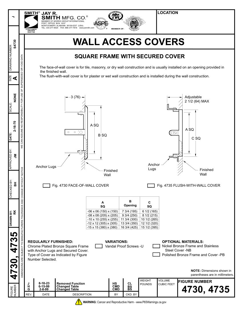 Jay R. Smith 4730 Cleanout - Jay R. Smith Mfg. Co. cut sheet — first page