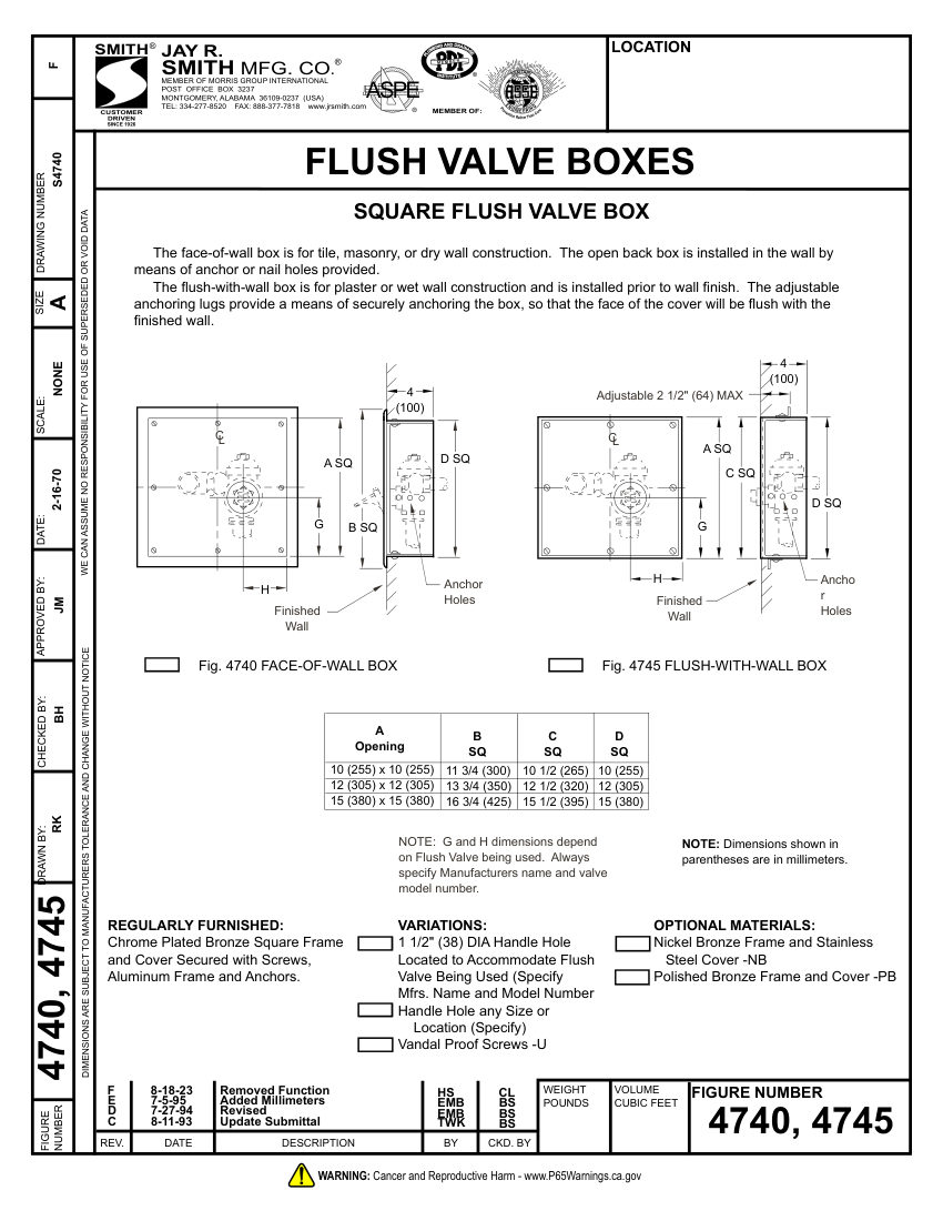 Jay R. Smith 4740 Cleanout - Jay R. Smith Mfg. Co. cut sheet — first page