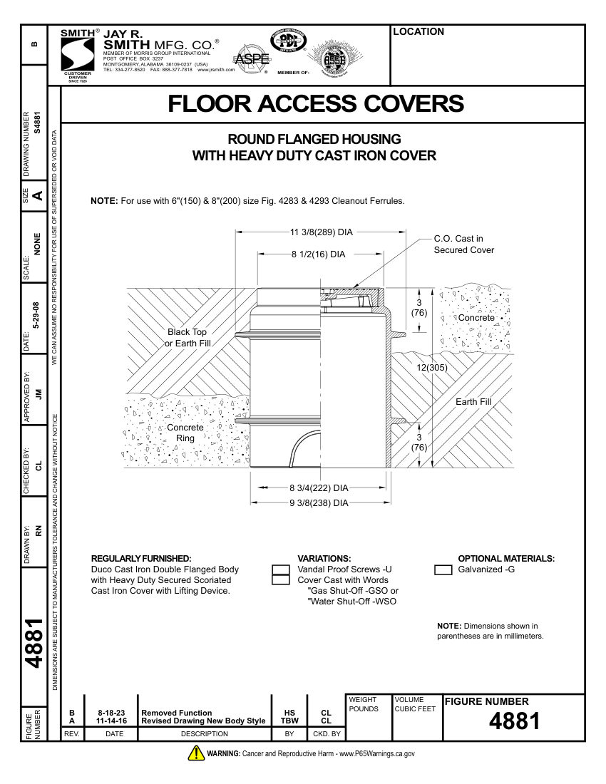 Jay R. Smith 4881 Cleanout - Jay R. Smith Mfg. Co. cut sheet — first page