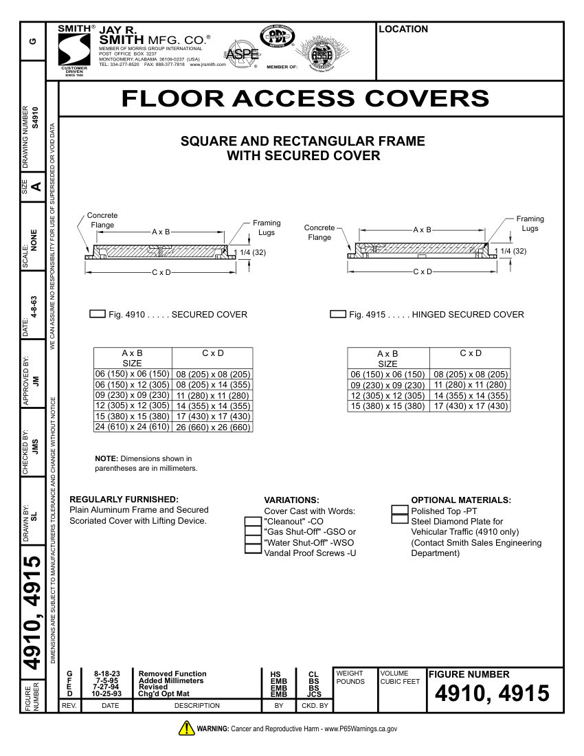 Jay R. Smith 4910 Cleanout - Jay R. Smith Mfg. Co. cut sheet — first page