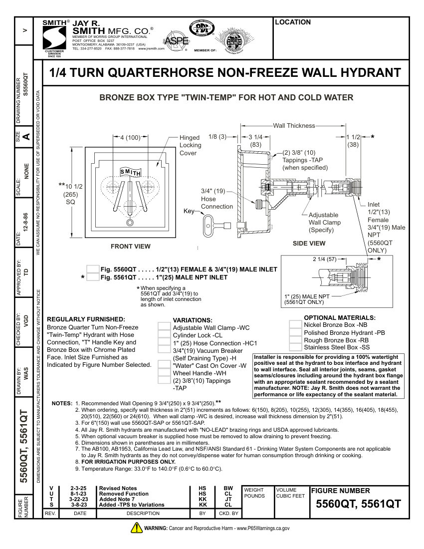 Jay R. Smith 5560QT Hydrant - Jay R. Smith Mfg. Co. cut sheet — first page