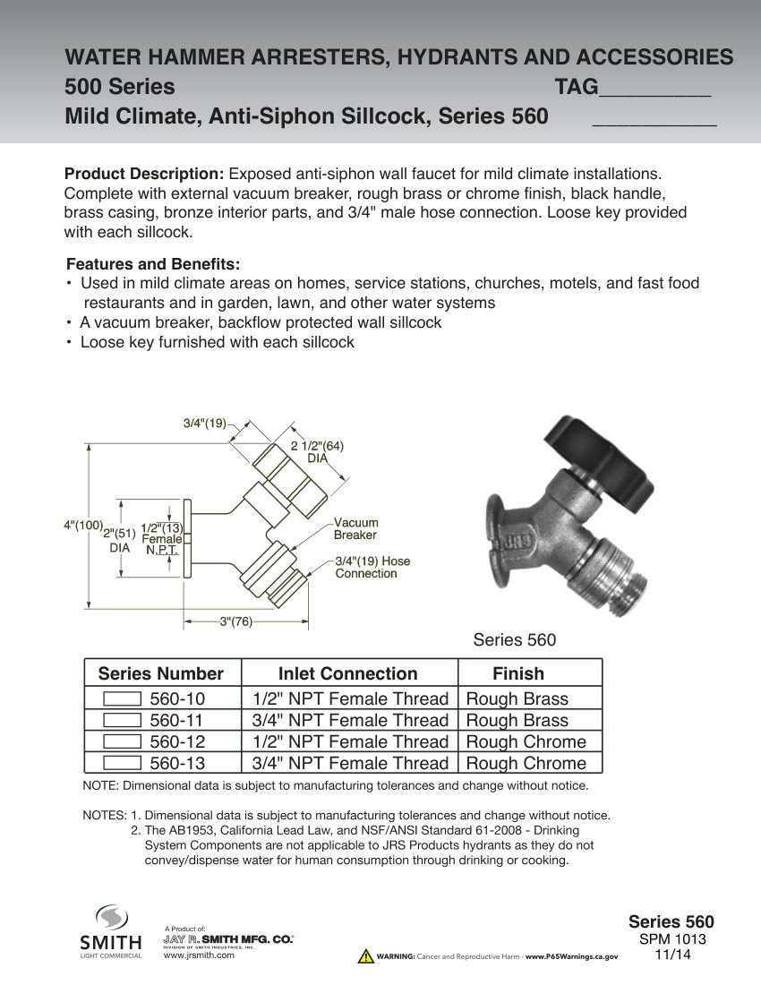 Jay R. Smith 560 Mild Climate Anti-Siphon Sillcock - Jay cut sheet — first page
