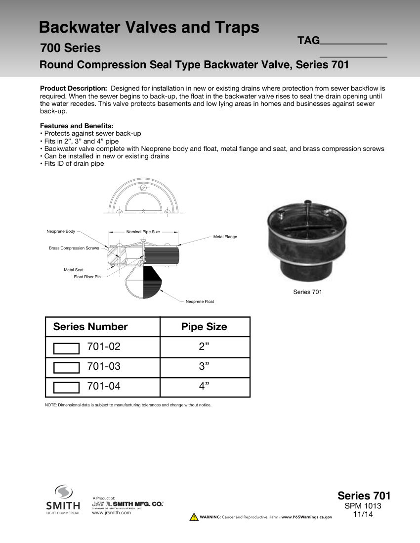 Jay R. Smith 701 Backwater Valve - Jay R. Smith Mfg. Co. cut sheet — first page