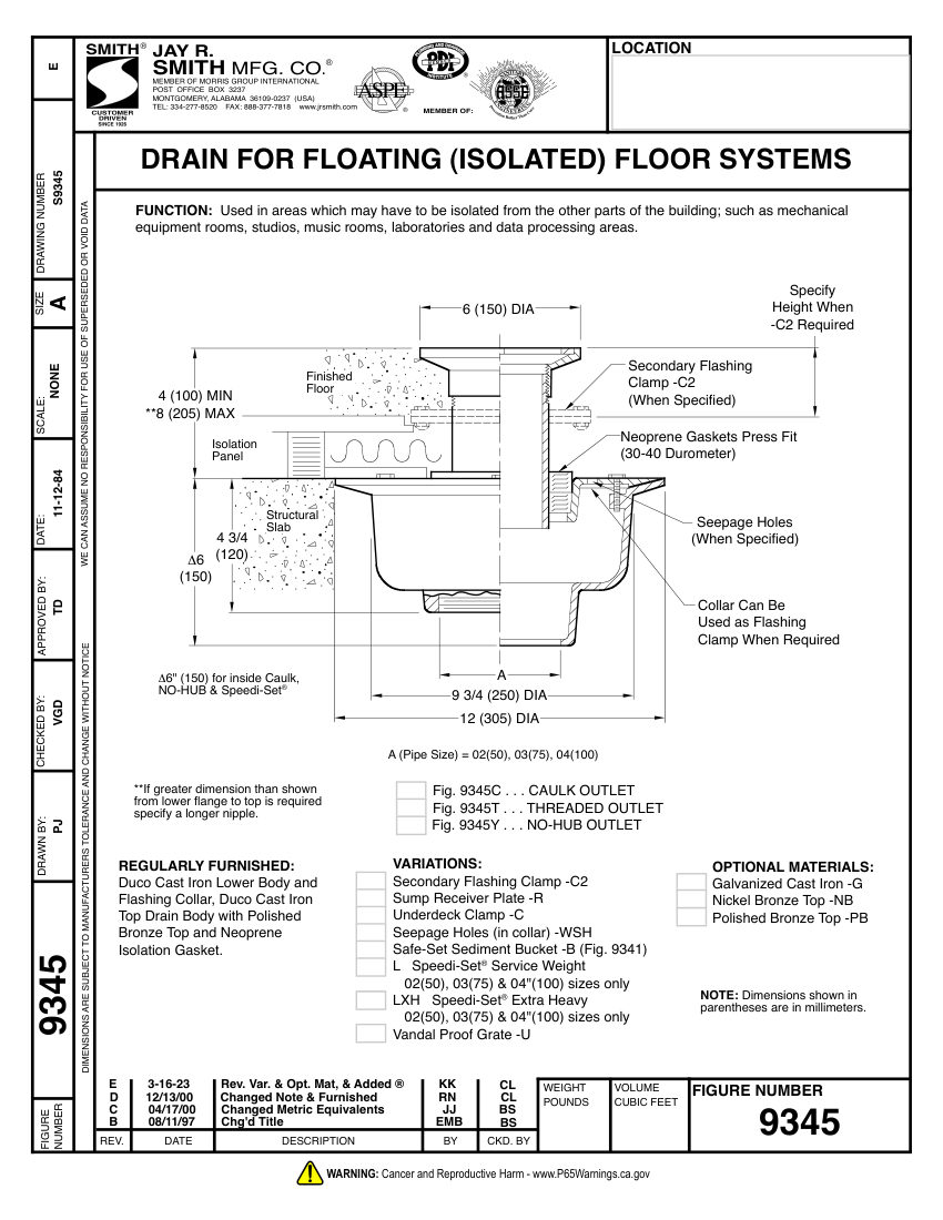 Jay R. Smith 9345 Drain - Jay R. Smith Mfg. Co. cut sheet — first page