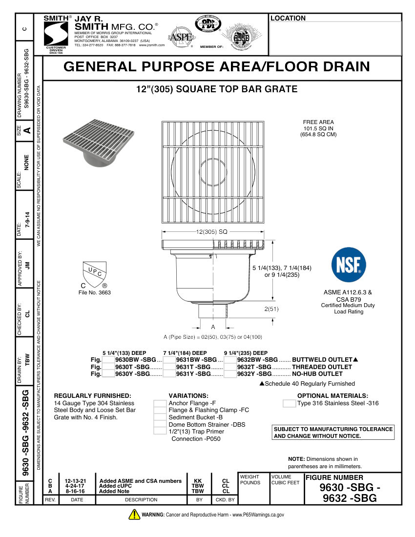 Jay R. Smith 9630-SBG thru 9632-SBG Stainless Steel Drain cut sheet — first page