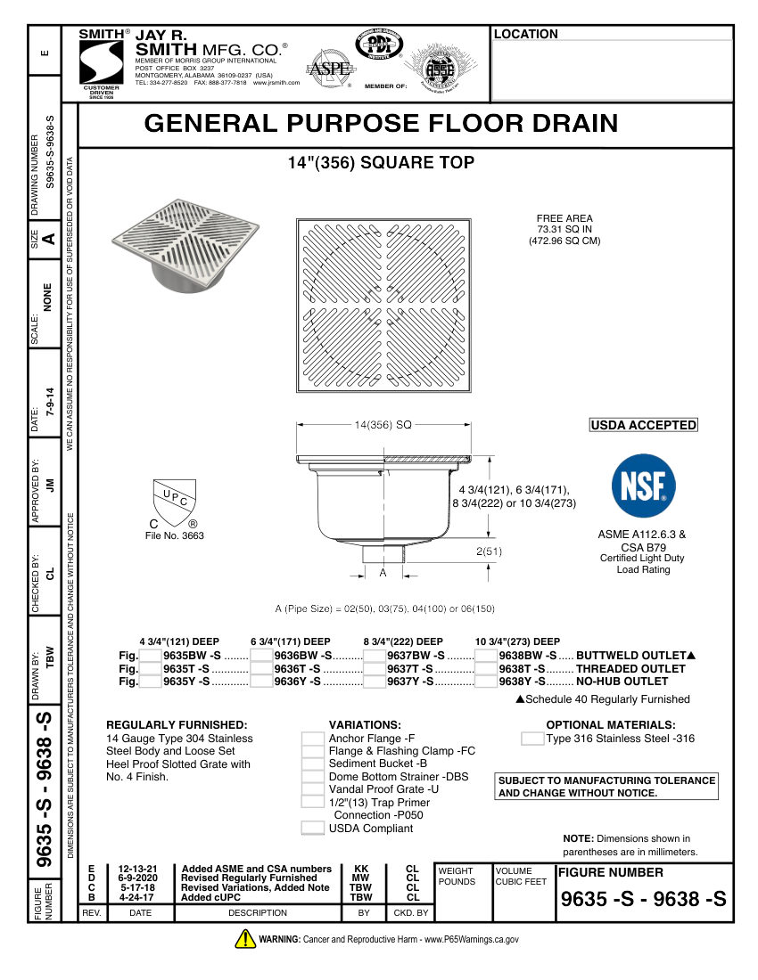 Jay R. Smith 9635-S thru 9638-S Stainless Steel Drains cut sheet — first page