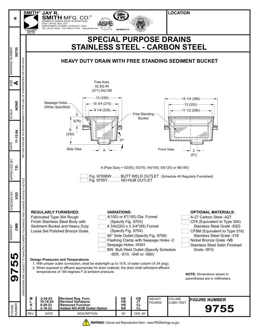 Jay R. Smith 9755 Drain - Jay R. Smith Mfg. Co. cut sheet — first page