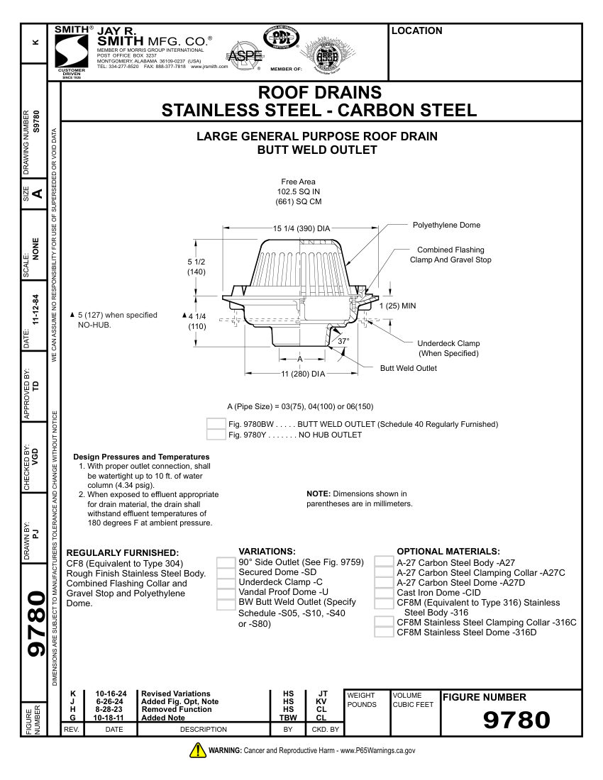 Jay R. Smith 9780 Roof Drain - Jay R. Smith Mfg. Co. cut sheet — first page