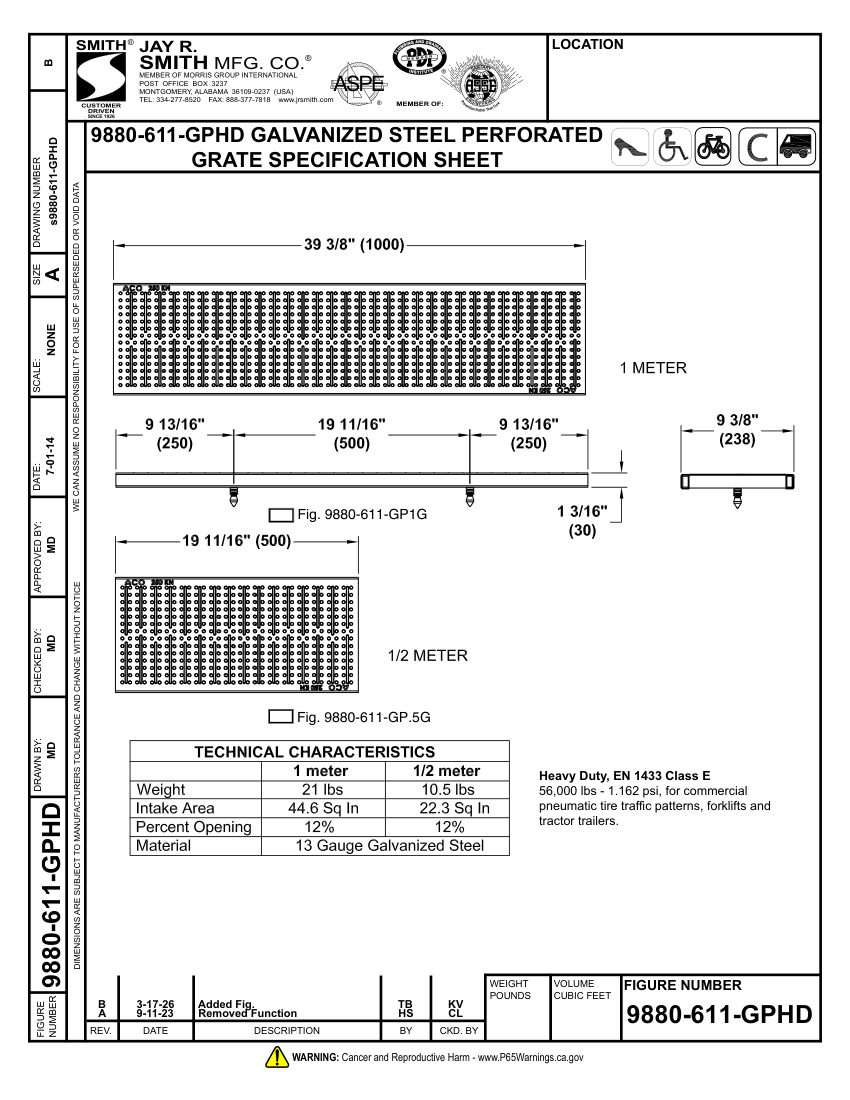 Jay R. Smith 9880-611-GPHD Grate - Jay R. Smith Mfg. Co. cut sheet — first page