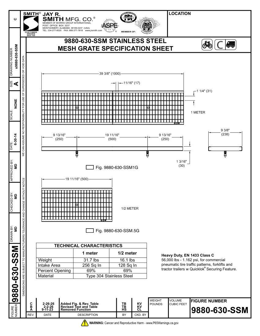 Jay R. Smith 9880-630-SSM Grate - Jay R. Smith Mfg. Co. cut sheet — first page